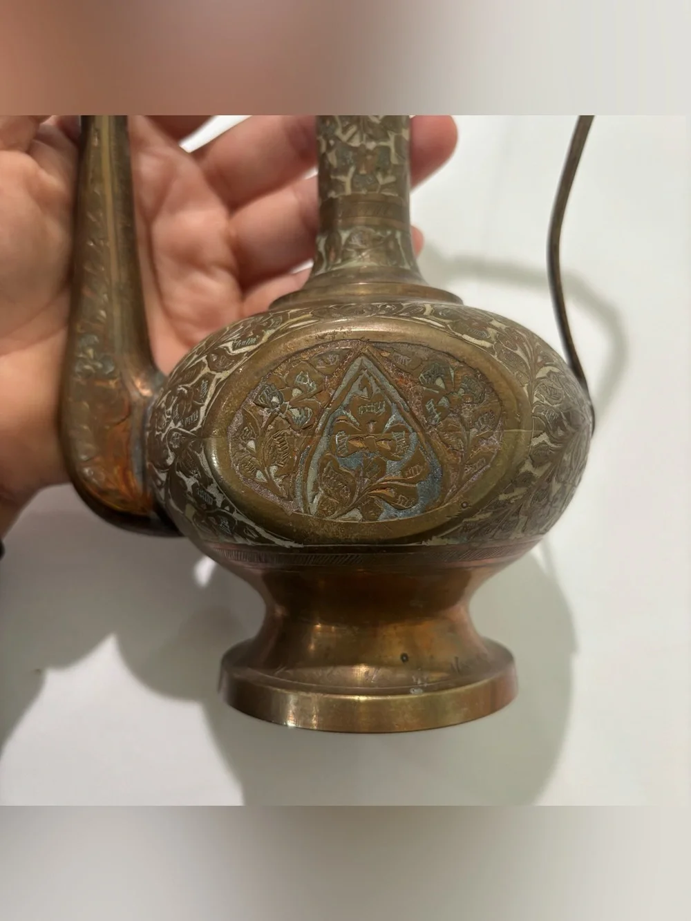 Vintage Indian Solid Brass Ewer Tea/ Water Pot Pitcher Etched Enamel Aftaba